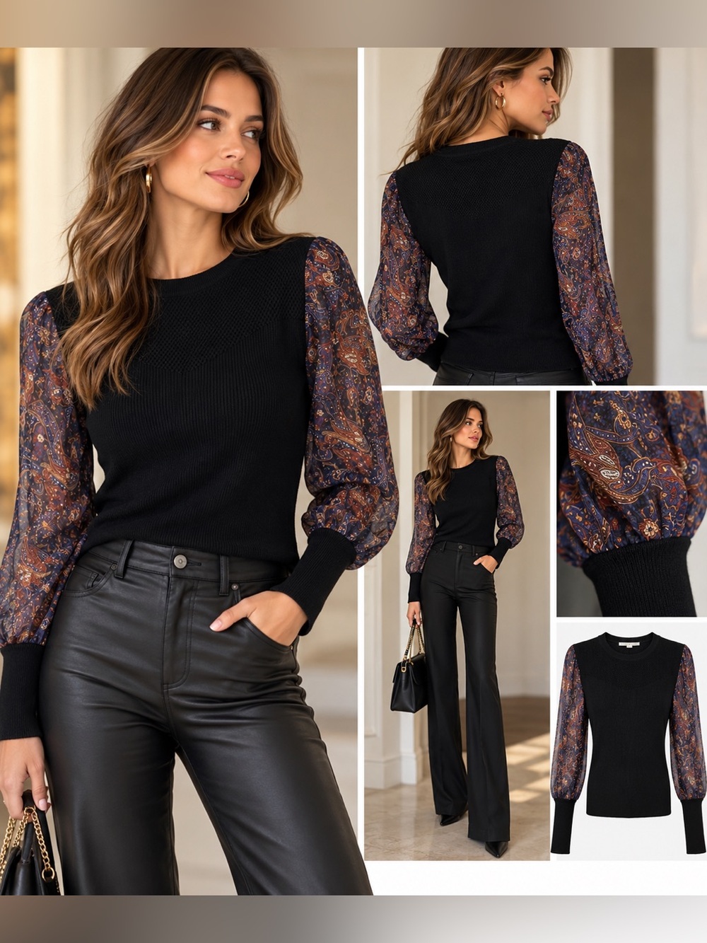 Veronica Beard Merino Wool Silk Paisley Sleeve Sweater Black M